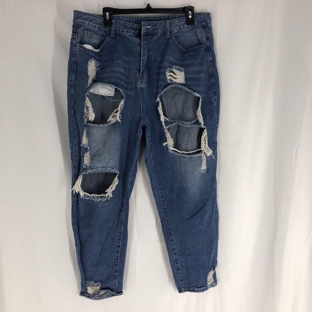 Shein High Rise Tapered Leg Ankle Crop Jeans  1X Ripped Distressed Blue